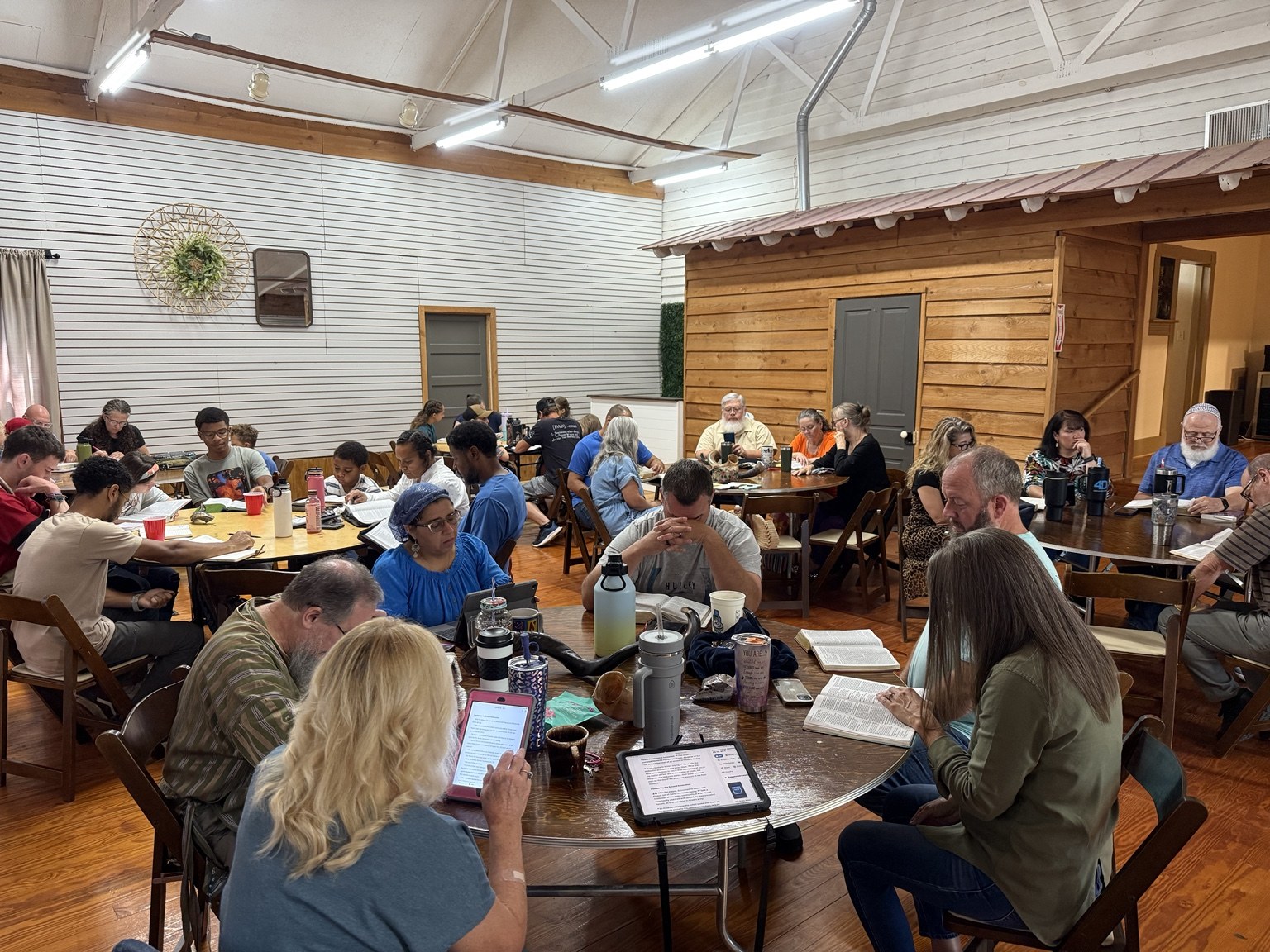 A fellowship gathering in the meeting hall